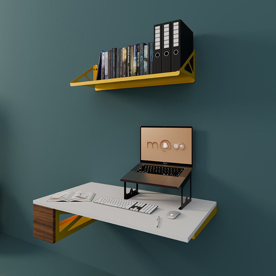 a desk with a laptop and a keyboard and a book shelf