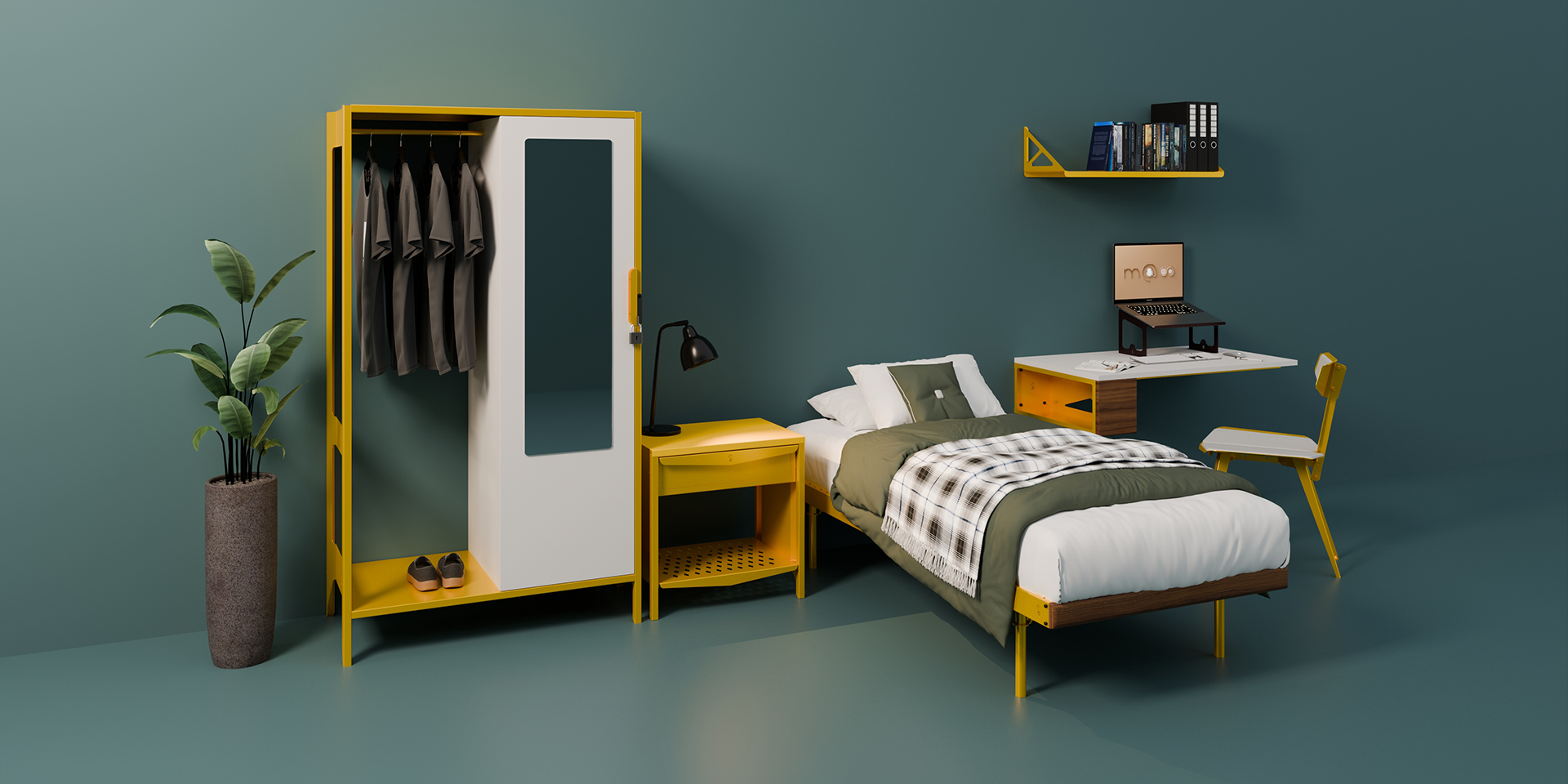 A student bedroom with a bed and a closet and a side table