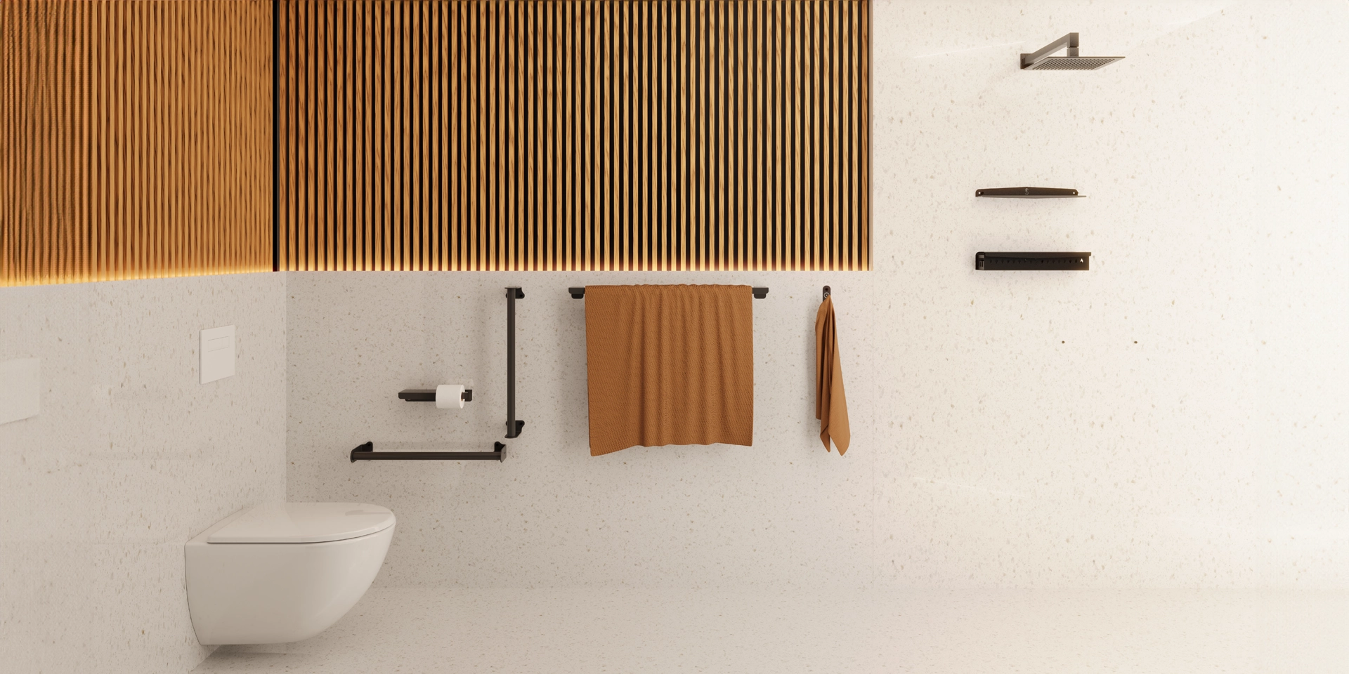 Bathroom fixtures with towel rail, wall hook, toilet holder, shower shelf and tray
