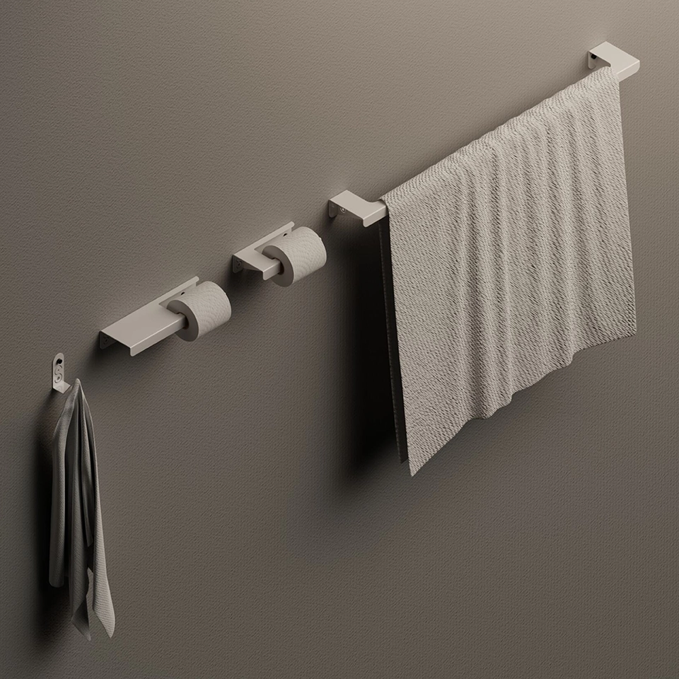 Bathroom fixtures with a wall hook, lux and eco toilet roll holders and towel rail