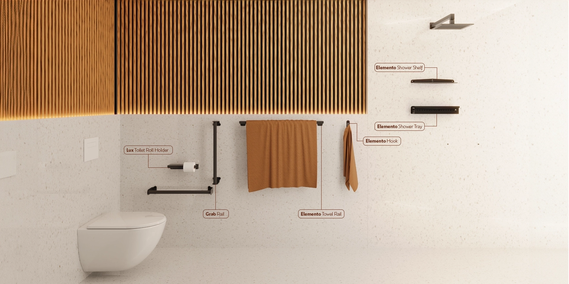 Bathroom Range fixtures with grab rail, towel rail, wall hook, shower shelf and tray and a toilet paper holder