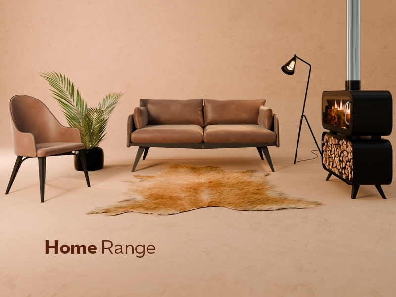 Home Range lounge with Lunana Chair, Fireplace and fireplace shelving