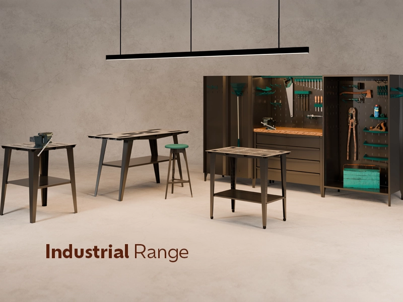 Industrial range with welding tables and organiser storage unit