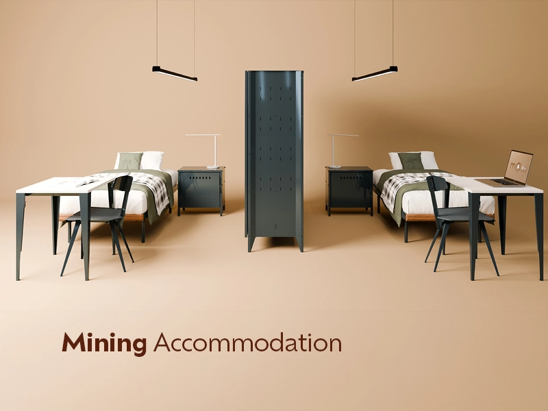 Mining Accommodation Range with beds, chairs, desks, bedside cabinets and storage closet cabinet