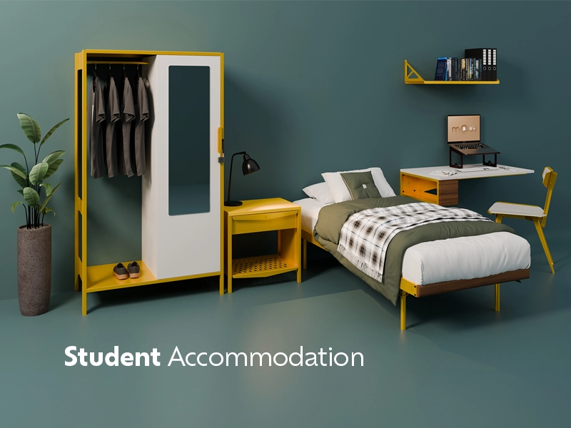 Student Accommodation Range with beds, chairs, desks, bedside cabinets and storage closet cabinet